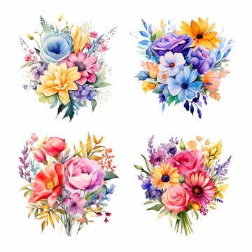 Set of flowers bouquet watercolor paint