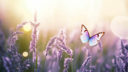 Lavender flowers and butterfly at sunset