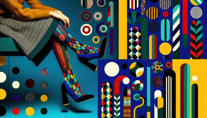 Contemporary art collage showcasing female legs in eye-catching, multicolored tights paired with...