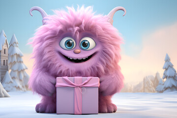  Funny cartoon monster with gift box in winter landscape. 3D rendering, AI Generated - obrazy, fototapety, plakaty