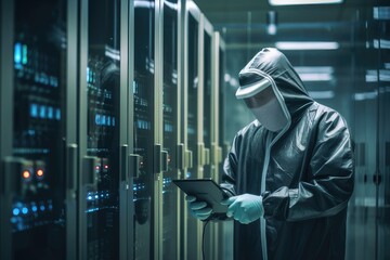 A Caucasian IT Professional Admin Conducting a Security Scan in a Data Center
