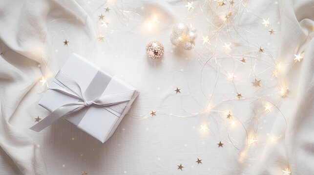  a white gift box with a silver bow on a white blanket.  generative ai