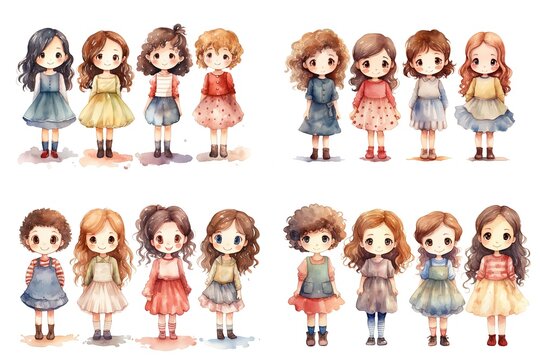 watercolor style cartoon illustration of cute countryside girls wearing summer and spring vintage country style outfit, collection set, Generative Ai