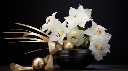  a black bowl with white flowers and gold ornaments in it.  generative ai