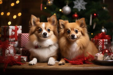 Fototapeta na wymiar Festive Pups, Adorable Dogs Celebrating Christmas or New Year's