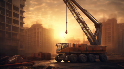 Mobile crane on construction site. - obrazy, fototapety, plakaty