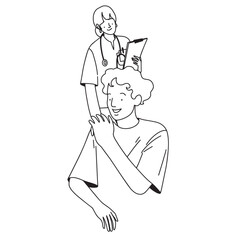 Doctor supports a elderly woman, flat line vector illustration . Vector illustration