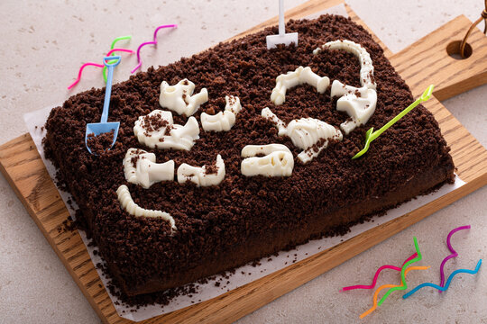 Chocolate cake for a kids birthday with edible dinosaur bones