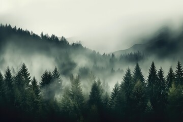 A Forest Filled With Lots Of Trees Covered In Fog. Сoncept Mysterious Foggy Forest, Enchanting Tree Canopy, Dense Fog Amongst Trees, Serene Misty Woodland