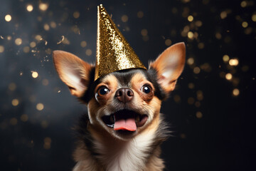Happy dog wearing New Year's Eve party celebration hat in front of dark background with golden confetti - obrazy, fototapety, plakaty