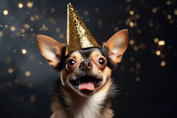 Fototapeten Happy dog wearing New Year's Eve party celebration hat in front of dark background with golden confetti © Firn