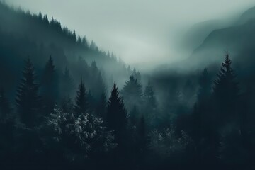 Ominous Mist Blanketing The Dense Forest. Сoncept Mysterious Disappearances, Eerie Whispers, Haunted Legends, Supernatural Beings