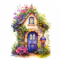 Fototapeta na wymiar Fairy tale house surrounded by flowers watercolor painted