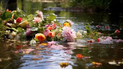 A bunch of flowers floating on top of a river