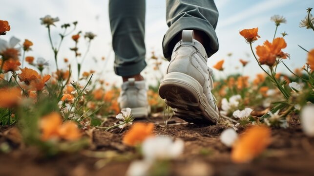 A Person Walking Through A Field Of Flowers