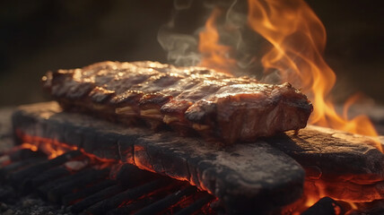 an outdoor photograph of a tasty delightful cow ribs on spit ground fire, ready to be served.generative ai - obrazy, fototapety, plakaty