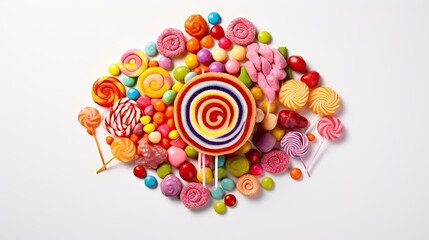  a large assortment of candies and lollipops on a white background.  generative ai