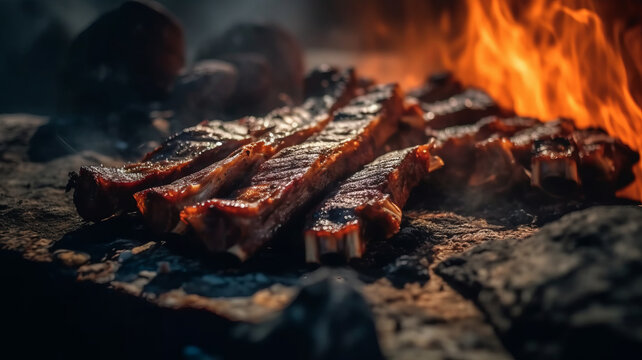 an outdoor photograph of a tasty delightful cow ribs on spit ground fire, ready to be served.generative ai