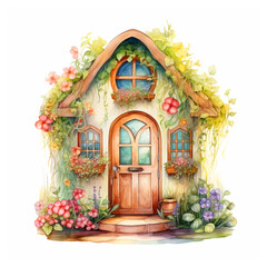 Fototapeta na wymiar Fairy tale home and flowers watercolor painting