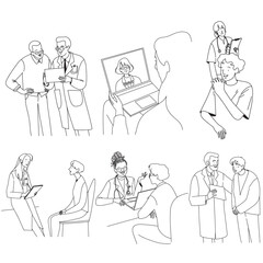 Doctors with patients big collection, flat line vector minimalistic set illustration. Vector illustration
