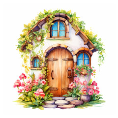 Fototapeta na wymiar Fairy tale home and flowers watercolor painting