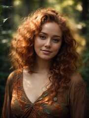 Naklejka premium portrait of a beautiful curvy woman with wavy ginger hair wearing lovely earth tone dress, cute smile, surrounded by a mystical forest