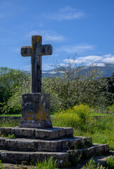 Pilgrims route cross, Vacation on Green coast of Asturias, Celorio village with sandy beaches, North of Spain