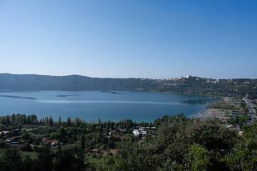 Castel Gandolfo, view on green Alban hills overlooking volcanic crater lake Albano, Castelli Romani, Italy in summer