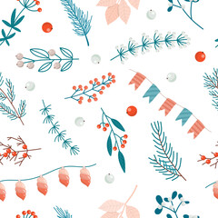 Seamless pattern of vector winter plants and garlands in flat style, Christmas pattern for wrapping paper, hand drawn vector illustration