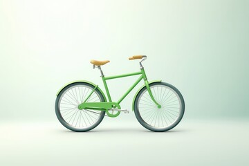 A Green Bicycle With A Wooden Seat On A Light Green Background. Сoncept Green Bicycle, Wooden Seat, Light Green Background, Eco-Friendly Transportation