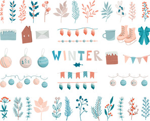 Collection of vector winter plants and holiday objects in flat style, Christmas set of individual elements, hand drawn vector illustration - 658380647