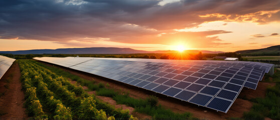 Beautiful field of photovoltaic big solar panels in countryside with in sunset.generative ai