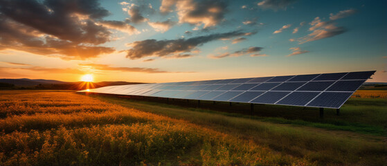 Beautiful field of photovoltaic big solar panels in countryside with in sunset.generative ai - obrazy, fototapety, plakaty