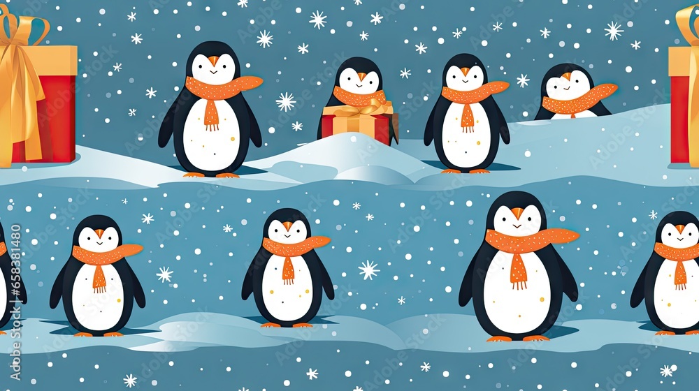 Poster  a group of penguins standing in the snow next to a present.  generative ai