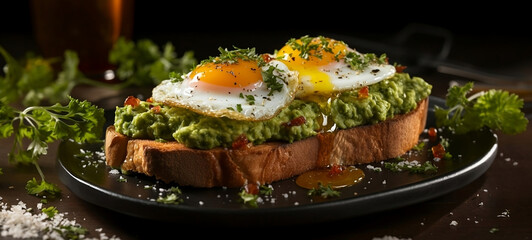 Toast with guacamole and fried egg. 