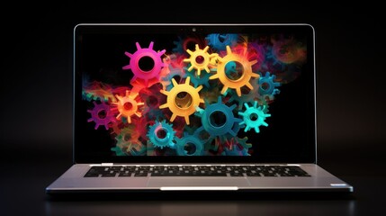 laptop on a dark background with gears on the screen