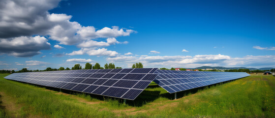 Beautiful field of photovoltaic solar panels in countryside with blue sky.generative ai - obrazy, fototapety, plakaty
