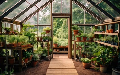 A small lovely greenhouse full of lush plants