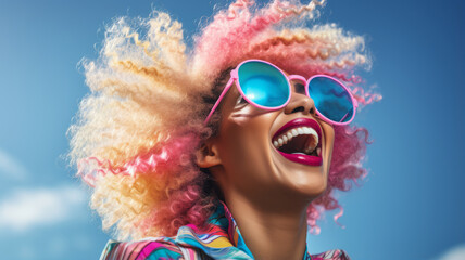Beauty African American girl with afro blond hair laughing, happy and funny woman.generative ai