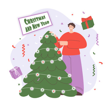 Vector illustration of a guy decorating a Christmas tree with garland, candy and gifts. New Year and Christmas banner, image, greeting card.