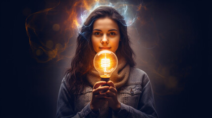 young woman with light bulb in hands - obrazy, fototapety, plakaty