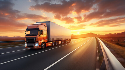 truck with fast fast on road at sunset