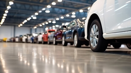 Cars For Sale, Automotive Industry, Cars Dealership Parking Lot. Rows of Brand.generative ai