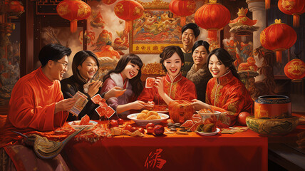 Chinese people with red lantern and Chinese calligraphy, Chinese New Year festival concept.