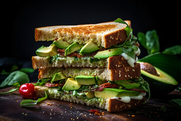 Yummy sandwich with avocado and white bread
