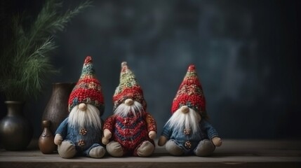 Three gnomes on a gray background. Christmas and New Year concept. Generative AI.