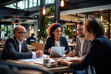 A diverse group of business professionals, including men and women, attended a collaborative office meeting.