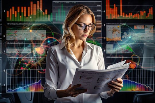 Successful businesswoman using digital technology in modern office, analyzing financial data and graphs on screen.
