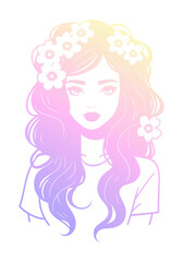 Portrait of young woman. Silhouette of a girl with soft purple to yellow gradient. Vector illustration.