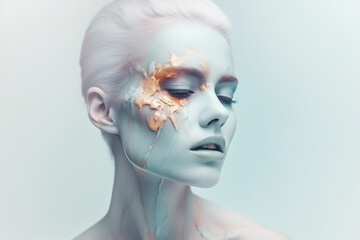 Beauty, make-up and fashion concept. Futuristic and minimalist close-up beautiful woman portrait. Bright model face with sci-fi transparent material on it. Generative AI